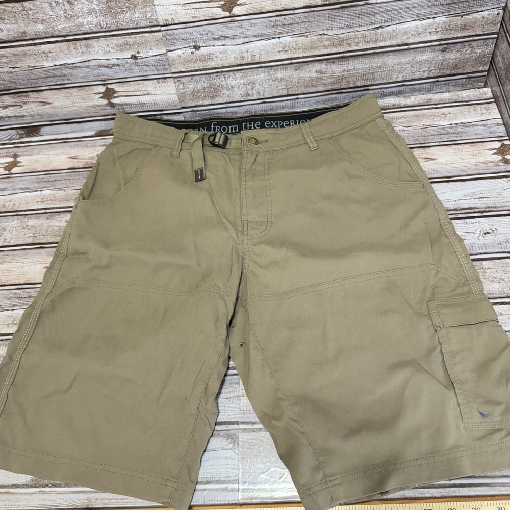 Prana Mens Size M Cargo Shorts Tan/Green Camping‎ Hiking Utility Pocket